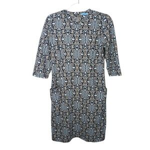 J. McLaughlin Black and Blue Floral Long‎ Sleeve Dress Sz XL